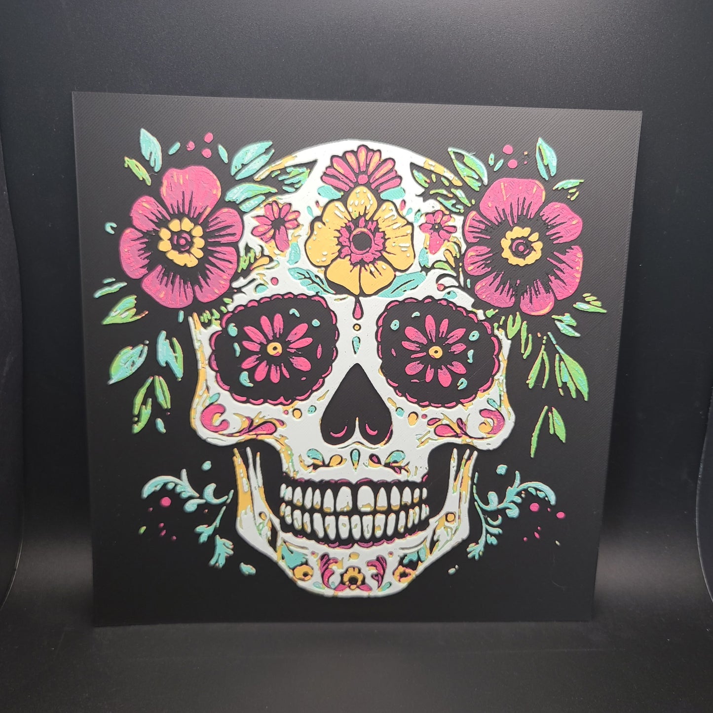 Vibrant Latino-Style Sugar Skull with Flowers – 3D Printed HueForge Art
